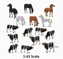 Load image into Gallery viewer, 15pcs Miniature Horses & Cows Animal Figures, 1:43 Scale for Diorama Model Train Scenery