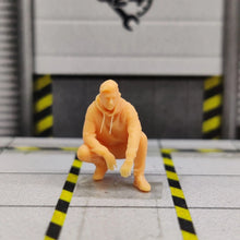 Load image into Gallery viewer, Man in Hoodie Squatting Miniature Unpainted Figure 1/64 1/50 1/43 1/35 1/24 1/18 Scale Model Scene Layout Accessories Diorama Supplies