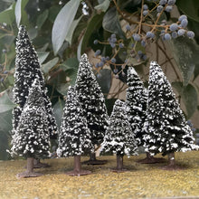 Load image into Gallery viewer, 2pcs 6-15cm Miniature Coniferous Pine Model Trees with Base for Winter Landscape, Train Railway Layouts, Dioramas, Scenery Crafts