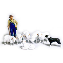 Load image into Gallery viewer, 8pcs Miniature Farm Animals – Shepherd, Sheep & Dog Figures 1/64 1/87 Scale for Dioramas, Train Layouts and Garden Scenery