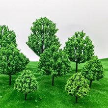 Load image into Gallery viewer, 100 pcs Mixed 3-12cm Miniature Green Model Trees for Dioramas, Railway Scenery, Sand Table, DIY crafts, and Architectural Layouts