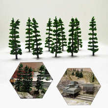 Load image into Gallery viewer, 10pcs Miniature Pine Trees 8.5cm, HO Scale Model Scenery for Diorama Railway Landscapes