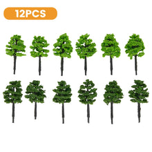 Load image into Gallery viewer, 12pcs 5cm Miniature Model Trees in Light and Dark Green for HO OO N Scale Dioramas, Railway Layouts, Architectural Scenes, Micro Landscapes