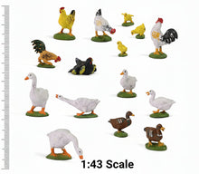 Load image into Gallery viewer, 15pcs Miniature Farm Animal Figurines 1:43 Scale, Chicken, Duck, Model Diorama Supplies