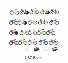 Load image into Gallery viewer, Miniature Bicycle Set with Parking Racks HO Scale 1:87 Diorama & Railway Scenery Supplies (20pcs Bikes + 4pcs Racks)