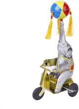 Load image into Gallery viewer, Vintage Elephant on Bike Ball & Tassels Spin 26cm Retro Clockwork Wind Up Tin Toy Collectible