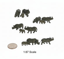 Load image into Gallery viewer, Miniature Rhinoceros Figures 1:87 HO Scale Wild Animals for Model Railway Dioramas (12pcs)