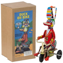Load image into Gallery viewer, Vintage Circus Duck on Bike Tricycle Propeller Hat Retro Clockwork Wind Up Tin Toy Collecible