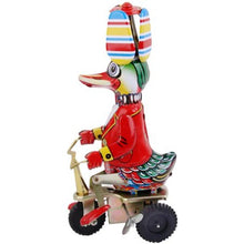 Load image into Gallery viewer, Vintage Circus Duck on Bike Tricycle Propeller Hat Retro Clockwork Wind Up Tin Toy Collecible