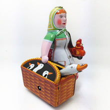 Load image into Gallery viewer, MS501 Farm Lady Women with Goose & Rooster Retro Clockwork Wind Up Tin Toy Collectible