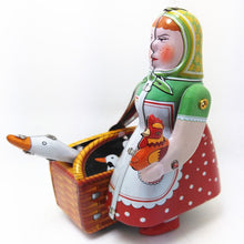 Load image into Gallery viewer, MS501 Farm Lady Women with Goose & Rooster Retro Clockwork Wind Up Tin Toy Collectible