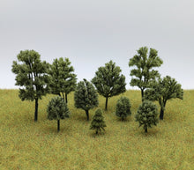 Load image into Gallery viewer, Miniature Army Green Model Trees 3–12cm for Diorama, Railway Layout, Sand Table &amp; Craft Supplies (100pcs)
