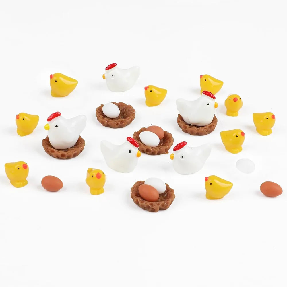 28pcs Mini Chick Hen Family Resin Figurines with Eggs and Nests, Farm Animal Miniatures for Fairy Garden, Easter, Terrarium & DIY Crafts