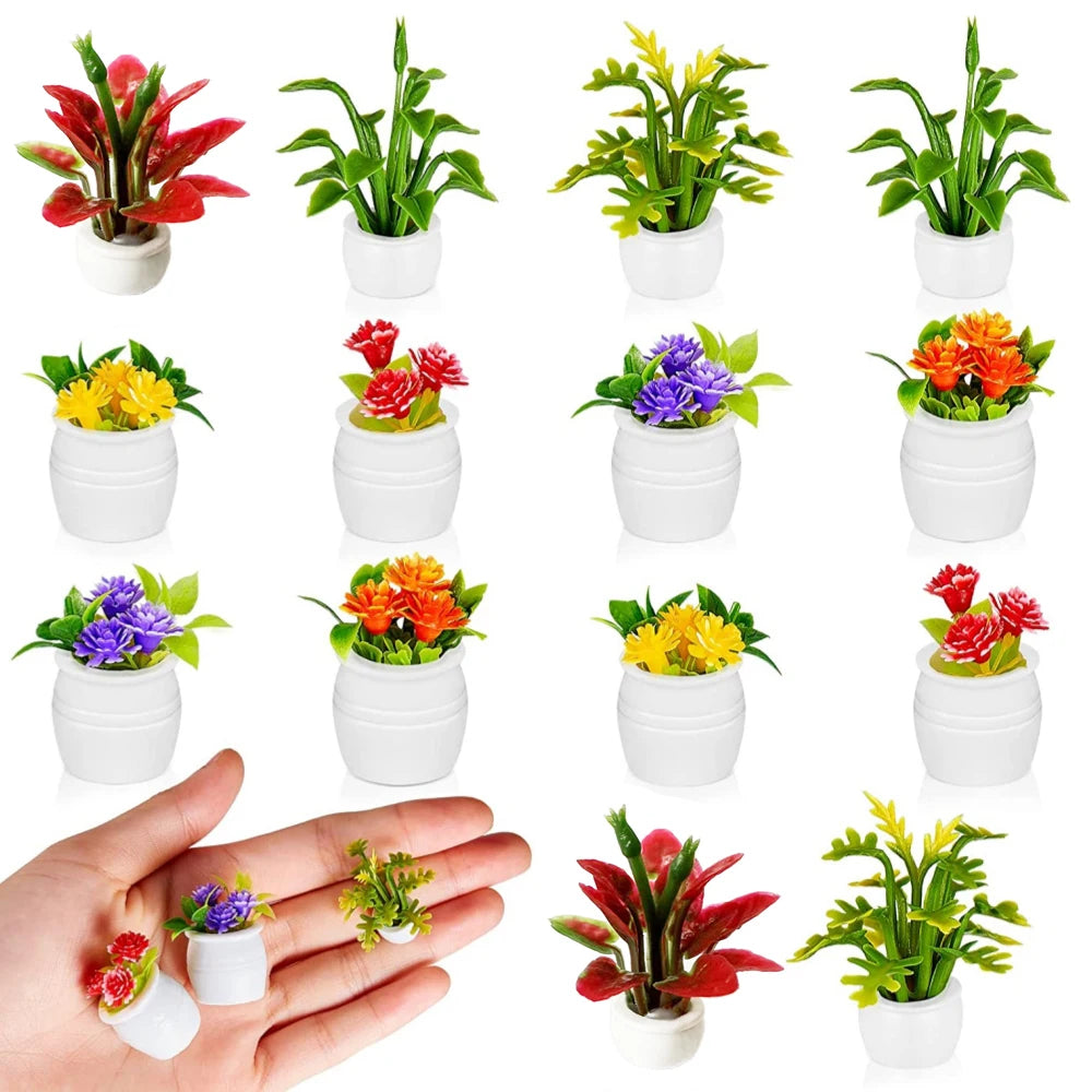 14pcs Dollhouse Mini Plants – Miniature Bonsai Flowers Greenery for Dollhouse Furniture, DIY Decoration, Christmas Gift, Diorama Accessories