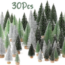 Load image into Gallery viewer, 30pcs Miniature Bottle Brush Christmas Trees with Snow in 5 Sizes with Wooden Bases for Tabletops, Windowsills, Party Décor, and DIY crafts
