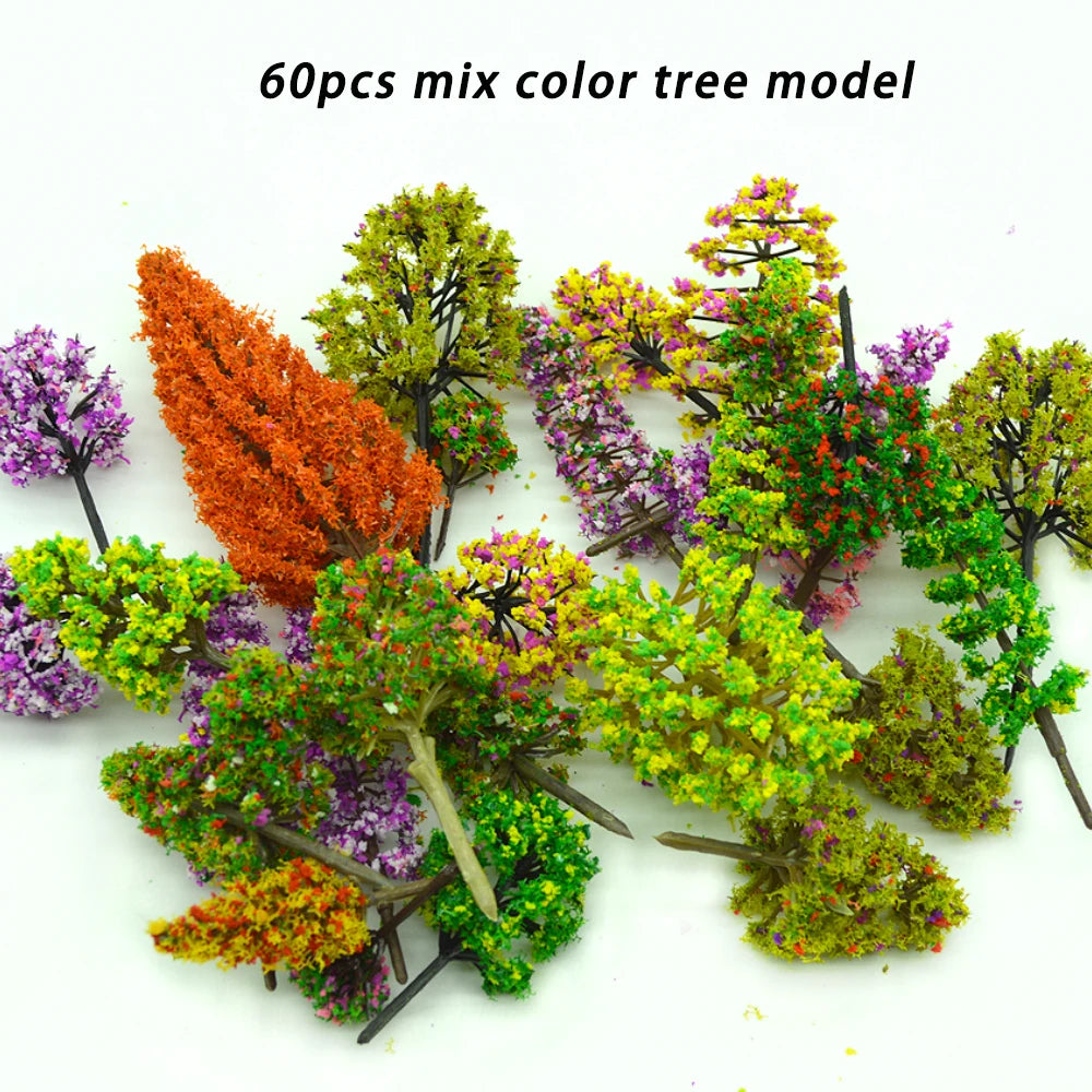 60 pcs Mixed Miniature Colorful Tree Model HO Scale Sand Table Train Railway Scene Fairy Garden Landscape Terrarium Diorama Craft Supplies