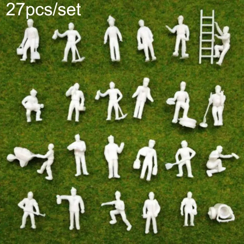 27pcs 1:87 HO Scale Unpainted Worker People Figures with Ladder and Trash Can, Miniature Train Scenery Accessories for Diorama Crafts