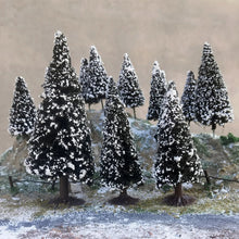 Load image into Gallery viewer, 2pcs 6-15cm Miniature Coniferous Pine Model Trees with Base for Winter Landscape, Train Railway Layouts, Dioramas, Scenery Crafts
