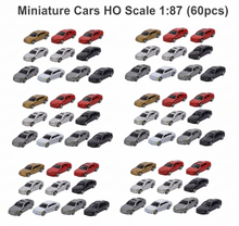 Load image into Gallery viewer, 60pcs Miniature Plastic Cars HO Scale 1:87, Assorted Vehicle Models for Train Layouts
