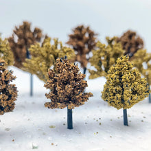 Load image into Gallery viewer, 50/100pcs Autumn Winter Miniature Model Trees N TT Scale for Diorama Scenery, Railway Layout, DIY Sand Tables, Landscape Craft Supplies
