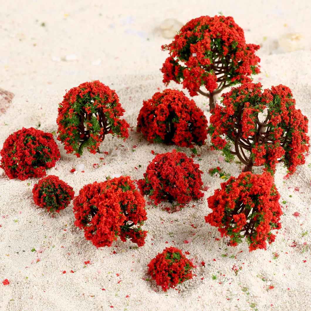 10pcs Miniature Red Flower Model Trees for HO Scale Railway Layout, Diorama, Train Scenery, Landscape, Dollhouse, Terrarium, Craft Supply