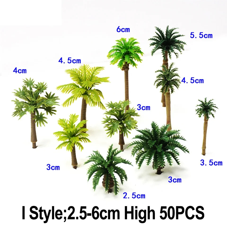 30/50 pcs Mixed Miniature Coconut Palm Tree Models Train Railway Accessories Beach Seaside Landscape Layout Terrarium Diorama Craft Supplies