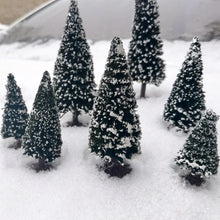 Load image into Gallery viewer, 2pcs 6-15cm Miniature Coniferous Pine Model Trees with Base for Winter Landscape, Train Railway Layouts, Dioramas, Scenery Crafts
