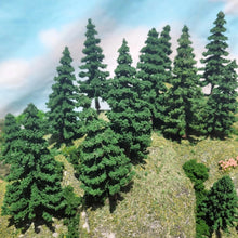 Load image into Gallery viewer, 10pcs Miniature Pine Trees 4-12cm, HO OO Scale for Model Train Scenery, Diorama Projects.
