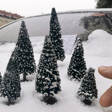 Load image into Gallery viewer, 2pcs 6-15cm Miniature Coniferous Pine Model Trees with Base for Winter Landscape, Train Railway Layouts, Dioramas, Scenery Crafts
