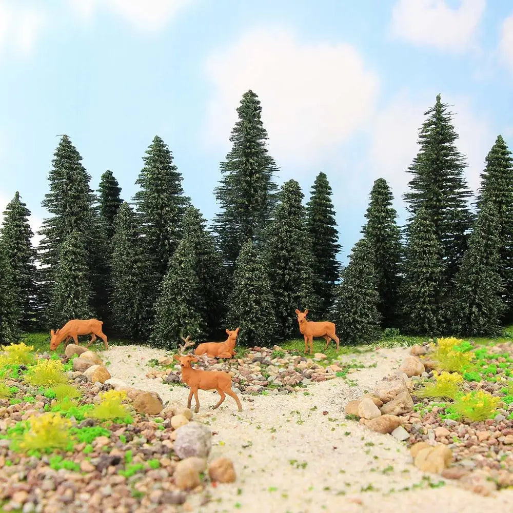 20pcs HO O N Z Scale Pine Trees with 4 Moose Deer Figures Model for Train Railway Layout, Diorama, Miniature Forest Craft Supplies