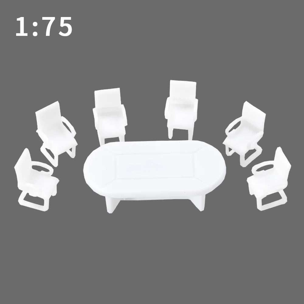 7 pcs Miniature Conference Table Chair Furniture Set Blank Unpainted Models 1:50/75 Scale DIY Layout Dollhouse Decor Diorama Craft Supplies
