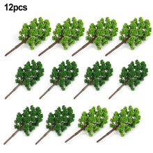 Load image into Gallery viewer, 12pcs 5cm Miniature Model Trees in Light and Dark Green for HO OO N Scale Dioramas, Railway Layouts, Architectural Scenes, Micro Landscapes
