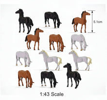 Load image into Gallery viewer, 12pcs Miniature Horse Figures, 1:43 O Scale Model Train Diorama Craft Supplies

