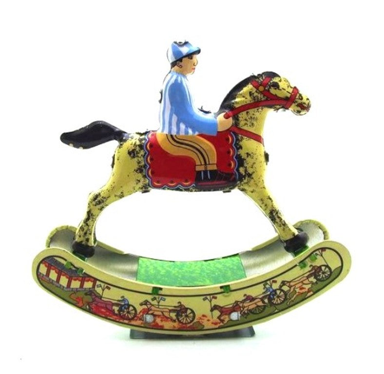 MS482 Vintage Rocking Horse with Jockey Retro Clockwork Wind Up Tin Toy Collectible