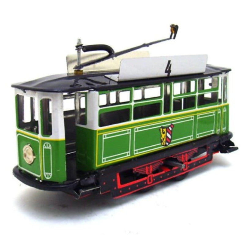 MS638 Green Vintage Tram Trolley Streetcar Retro Clockwork Wind Up Tin Toy Collectible