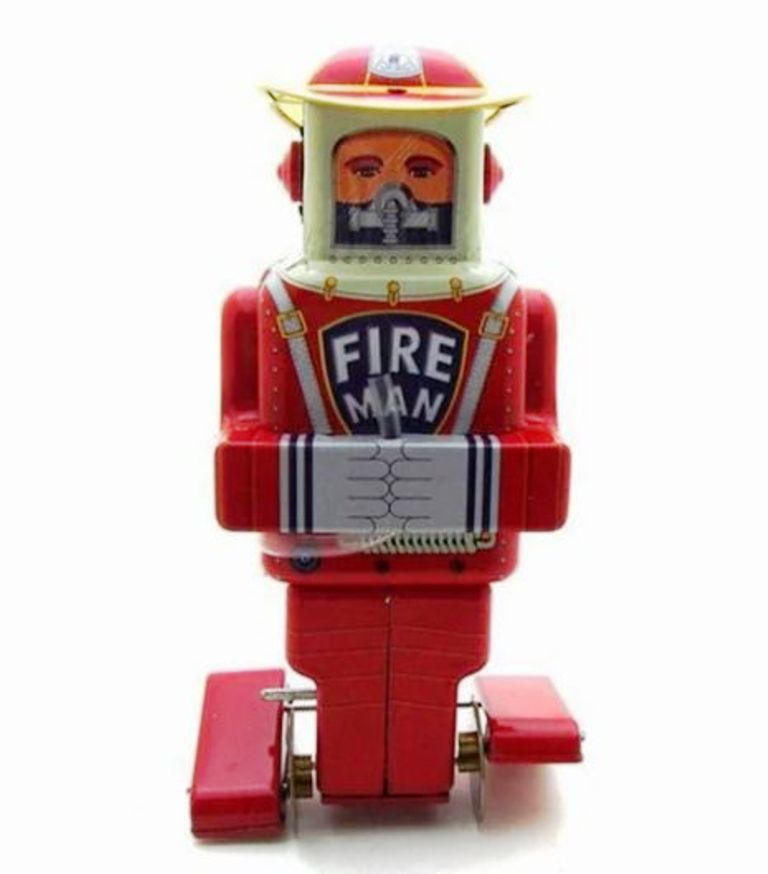 MS652 Mechanical Space F.D. Robot Fireman Retro Clockwork Wind Up Tin Toy Collectible