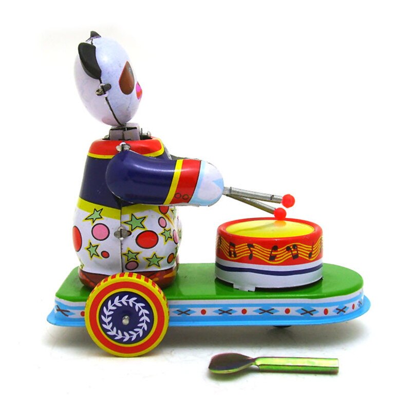 DRUMMER Tin Toy Vintage Wind up Driving Drum SOUND Panda Bear Working  ANIMATED Full Functioning One Year Guarantee 