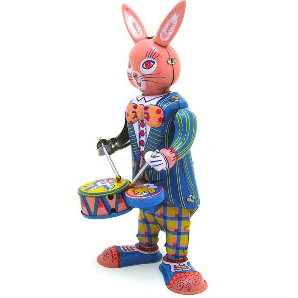 MS298 Happy Bunny Rabbit Drummer Retro Clockwork Wind Up Tin