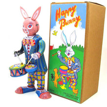 Load image into Gallery viewer, MS298 Happy Bunny Rabbit Drummer Retro Clockwork Wind Up Tin Toy Collectible
