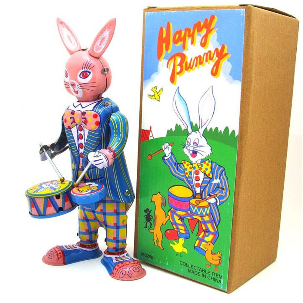 MS298 Happy Bunny Rabbit Drummer Retro Clockwork Wind Up Tin