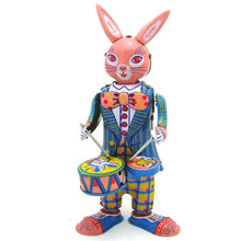 Load image into Gallery viewer, MS298 Happy Bunny Rabbit Drummer Retro Clockwork Wind Up Tin Toy Collectible
