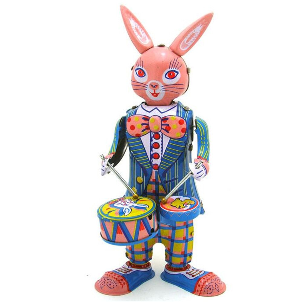 MS298 Happy Bunny Rabbit Drummer Retro Clockwork Wind Up Tin Toy Collectible