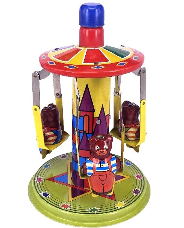 MM101 Rotary Bear Carrousel Spinnning Top Retro Push Pull Action Spins Tin Toy Collectible