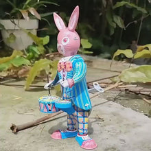 Load and play video in Gallery viewer, MS298 Happy Bunny Rabbit Drummer Retro Clockwork Wind Up Tin Toy Collectible
