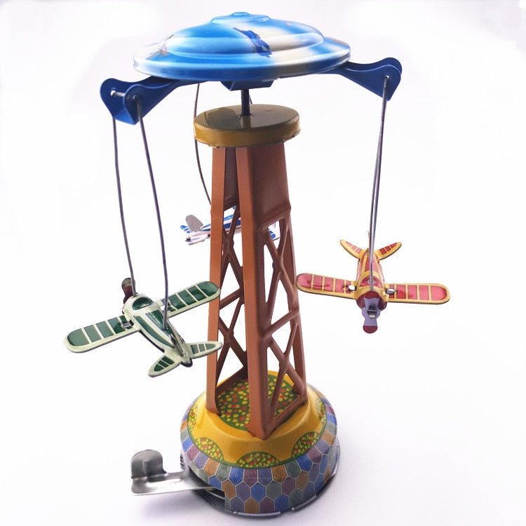 MM262 Airplanes Merry Go Round Carousel Retro Clockwork Wind Up Tin Toy Collectble