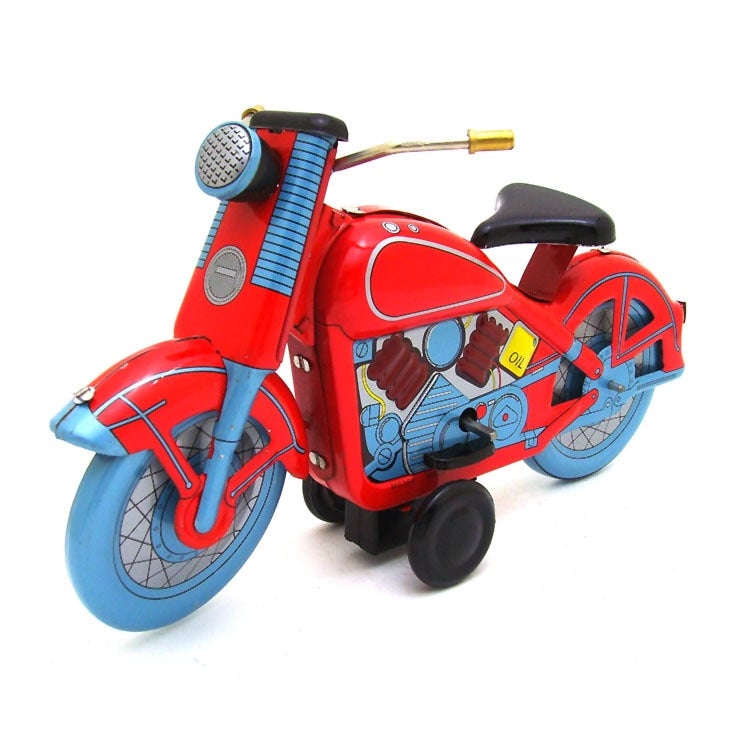 MS359 Red Harley Motorcycle Motorbike Retro Clockwork Wind Up Tin Toy Collectible