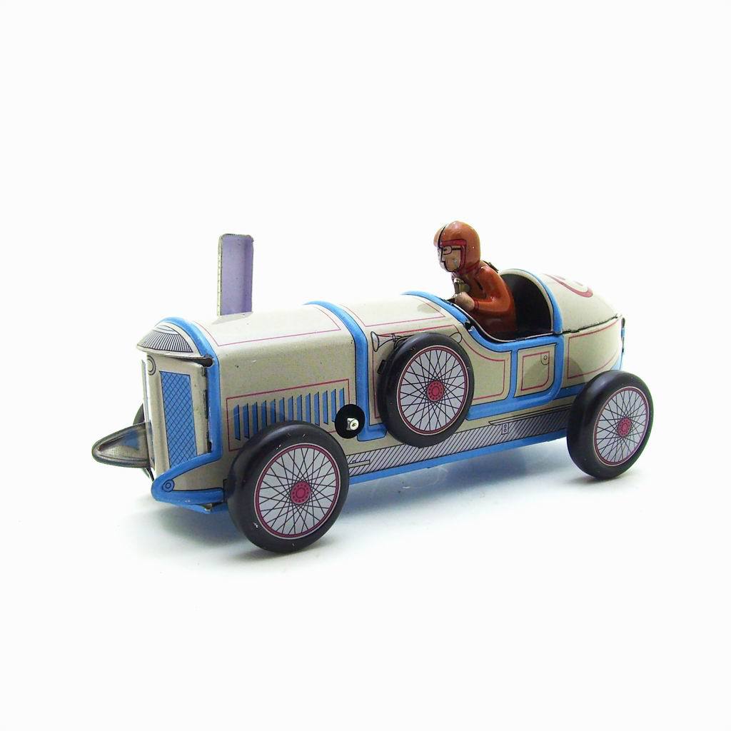 MS507 Vintage White Racer Car Retro Clockwork Wind Up Tin Toy Collectible