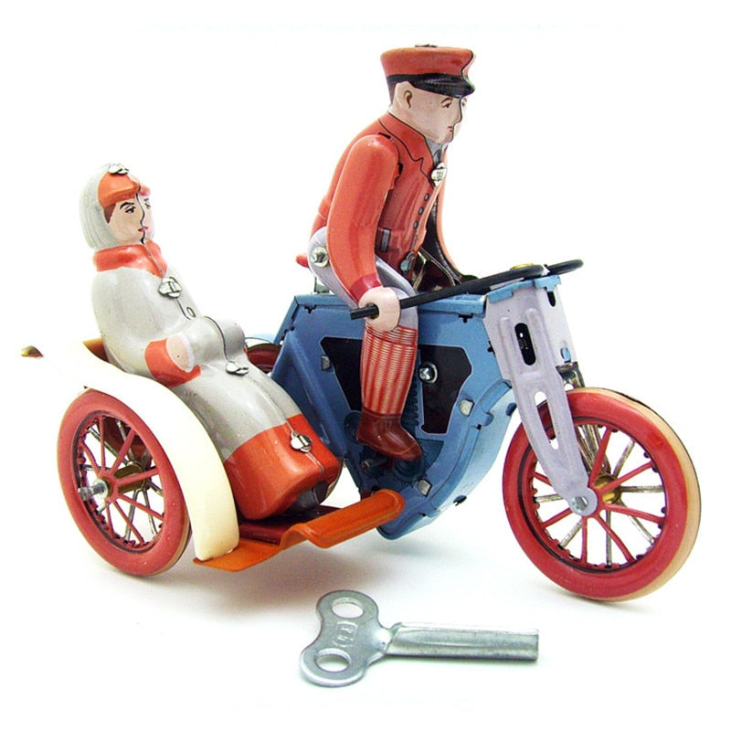 MS458 Vintage Man & Woman in Motorcycle Sidecar Retro Clockwork Wind Up Tin Toy Collectible
