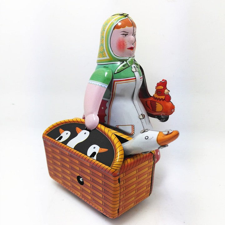 MS501 Farm Lady Women with Goose & Rooster Retro Clockwork Wind Up Tin Toy Collectible