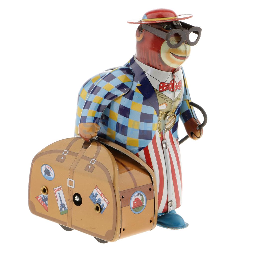 MS516 Vintage Traveler Suitcase Monkey Retro Clockwork Wind Up Tin Toy Collectible